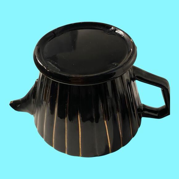 Vintage Sadler Teapot Black W/Gold Stripes MCM England Retro Art Deco Small Ding - Picture 7 of 9